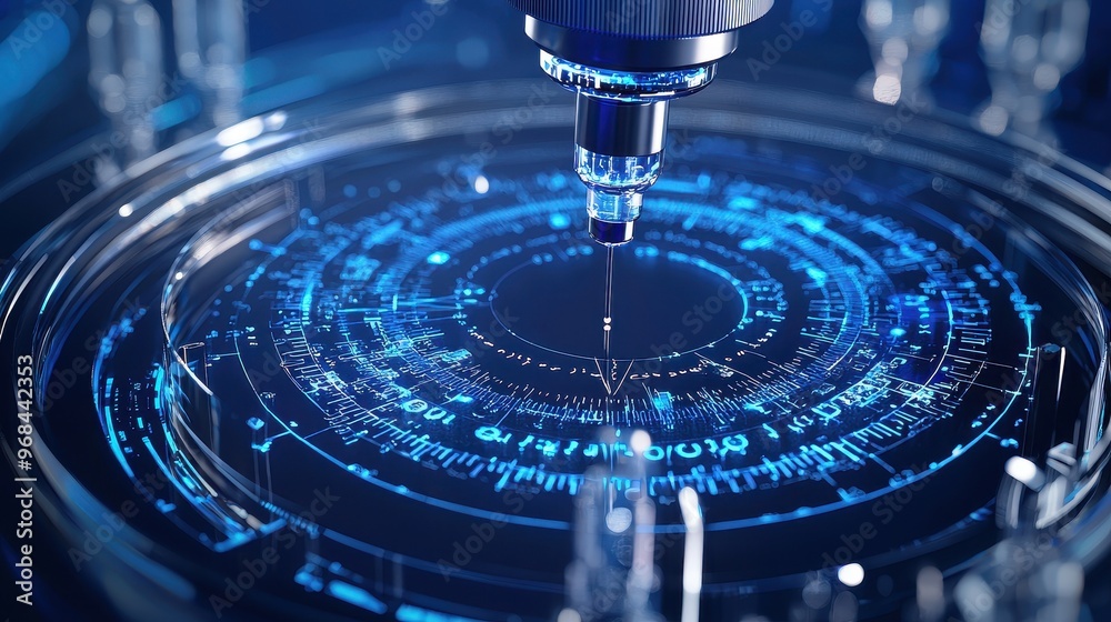 Wall mural futuristic technology interface with blue glowing lines and circular pattern