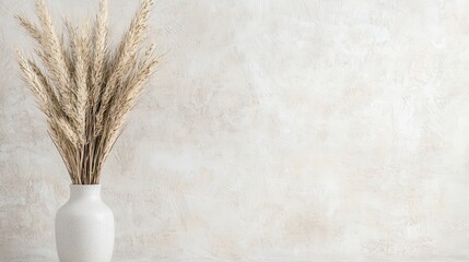 Dried Grass in White Vase Against Textured Wall