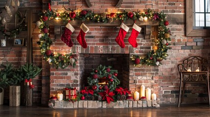 Fototapeta premium Festive Fireplace with Christmas Wreaths, Stockings, and Lights Against an Elegant Brick Wall