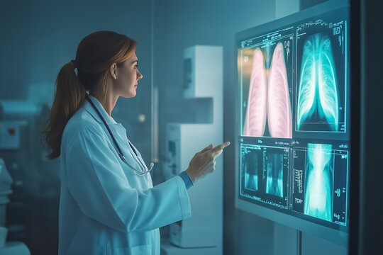 Female doctor pointing at lungs radiography on a digital screen, highlighting the importance of early diagnosis for breast cancer awareness