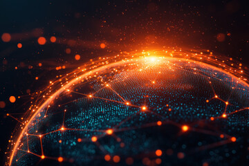 Obraz premium A digital globe with interconnected nodes glowing in vibrant colors, representing network of data and technology..