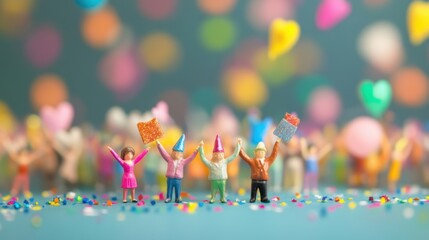 Tiny figurines joyfully celebrate success, waving banners and wearing party hats amidst a vibrant background of confetti and hearts