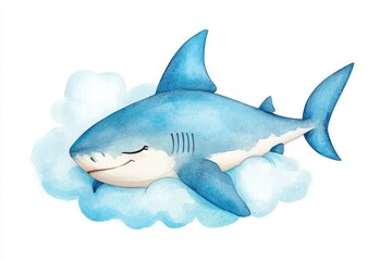 Fototapeta premium A charming watercolor illustration of a cute baby shark peacefully sleeping on a fluffy cloud. The shark's closed eyes, gentle smile, and soft blue hues evoke a sense of tranquility and innocence. Thi