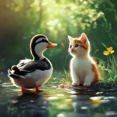 Obraz premium A duck and cat share serene moment by water, surrounded by lush greenery and delicate flower. scene captures beauty of nature and innocence of these two animals