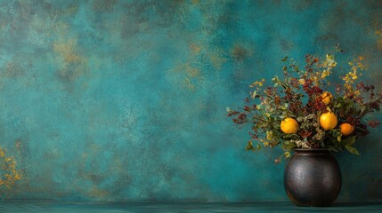 A beautiful floral arrangement featuring bright citrus fruits and spring flowers, celebrating the spring equinox with a festive card displayed nearby