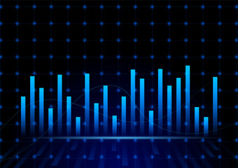 Stock and investment concept. A bar and line graph on dark blue background. Burish market, profit of wealth, high-risk high return, business growth up.