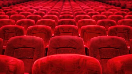 Obraz premium Empty red theater seats in an indoor stage auditorium. Representing audience, performance, and cultural environment.