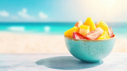 A vibrant bowl of fresh fruit salad sits on a sunny table, highlighting the refreshing colors...