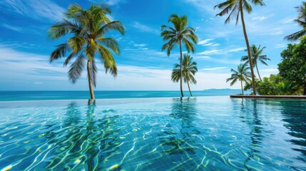 Fototapeta premium Tropical resort with infinity pool and palm trees, embodying luxury travel.