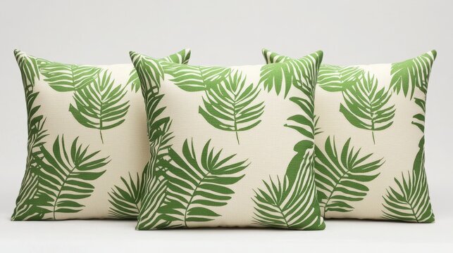 Green Tropical Leaf Pattern Pillows on White Background