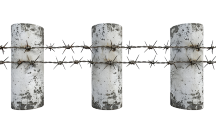 Barbed wire with concrete pillars on transparent background