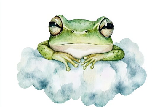 A charming watercolor illustration of a cute little frog peacefully sleeping on a fluffy cloud. The frog's relaxed posture and closed eyes convey a sense of tranquility and dreams. The soft colors and