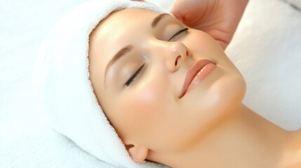 A woman relaxes with eyes closed as she receives a calming massage during a rejuvenating spa treatment