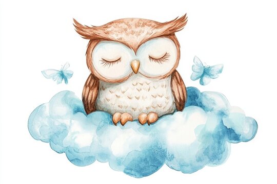 recommend clip art: A charming watercolor illustration of a cute little owl with closed eyes sleeping peacefully on a fluffy blue cloud. Two delicate butterflies flutter around the owl, adding a whimsical touch to the sc