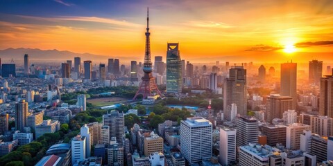 Obraz premium Tokyo cityscape at sunrise in Japan , Tokyo, city, cityscape, sunrise, Japan, buildings, skyline, urban, morning