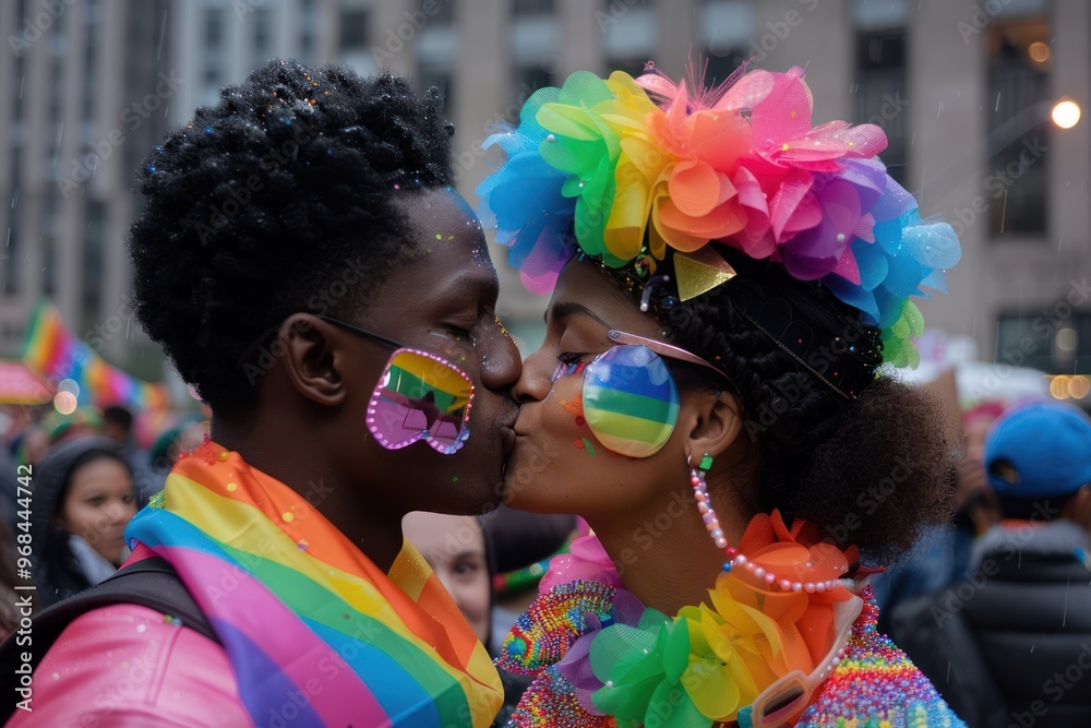 Wall mural love and equality on display: diverse young gay couple kisses at lgbt pride event