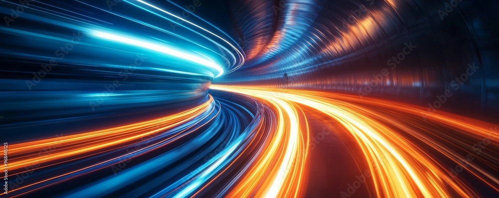 Poster Light trails in motion through a futuristic tunnel, dynamic motion and speed concept