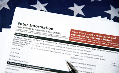Absentee Ballot form for voter information, usa election concept background. Registration form for voting in America, backdrop