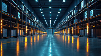 Futuristic warehouse interior with illuminated shelves and polished floor, showcasing advanced storage technology and spacious layout..