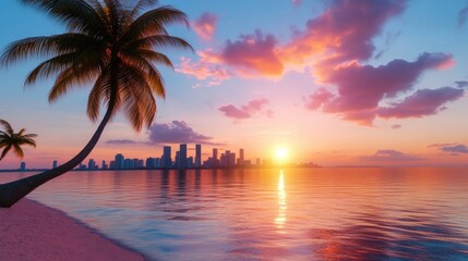 Obraz premium Bright sunset casts stunning hues over a tropical island while city buildings stand silhouetted against the tranquil waters