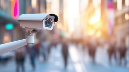 A surveillance camera observes the bustling urban street filled with pedestrians and vehicles, ensuring safety and security for all