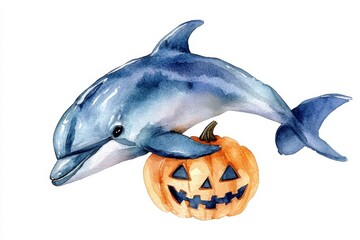 Fototapeta premium A charming watercolor illustration of a dolphin playfully perched on a jack-o-lantern pumpkin. This whimsical artwork combines the themes of ocean life, Halloween, and nature, representing joy, celebr