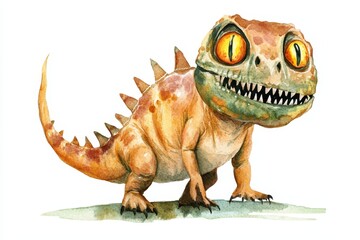 Obraz premium A charming watercolor illustration of a friendly dinosaur with big eyes, sharp teeth, and a spiky back, symbolizing playfulness, prehistoric charm, Halloween spirit, and artistic expression.