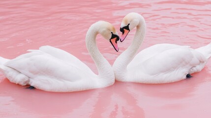 Two beautiful swans intertwine their necks to create a heart shape on tranquil, soft pink water, capturing a romantic moment
