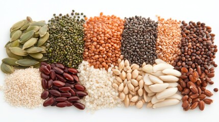 Naklejka premium A variety of grains and seeds are displayed on a white background, highlighting their unique shapes, colors, and textures for healthful cooking