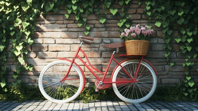 Red bicycle with flowers in a wicker basket leaning against a brick wall surrounded by green ivy in a serene outdoor setting