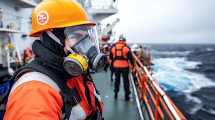 Worker on Cargo Ship Deck Wearing Safety Gear and Respirator