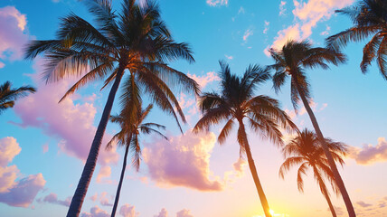 Fototapeta premium Silhouettes of palm trees against golden and purple sky create serene and tropical atmosphere. vibrant colors evoke sense of peace and relaxation
