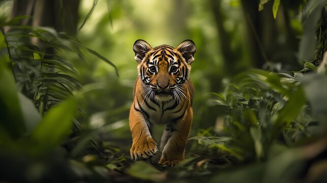 A playful tiger cub exploring a dense jungle with towering trees