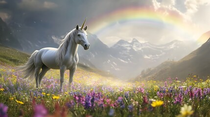 A magical unicorn standing under a rainbow in a field of wildflowers