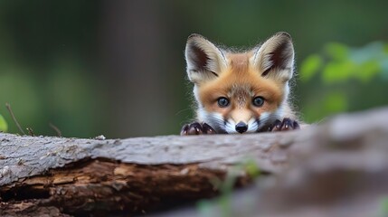 Obraz premium A charming baby fox peeking out from behind a log in a forest