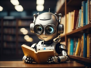 Fototapeta premium Cute robot reading a book in the library