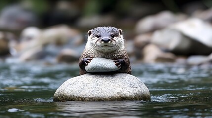 A playful otter balancing a stone on its belly while floating in a river