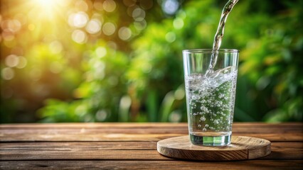Pouring sparkling water into a glass on a wooden table with natural light , sparkling water, glass, wooden table