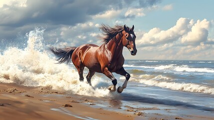 A graceful horse running along a beach with waves crashing beside