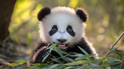 Obraz premium A curious baby panda chewing on bamboo leaves in a sunny clearing