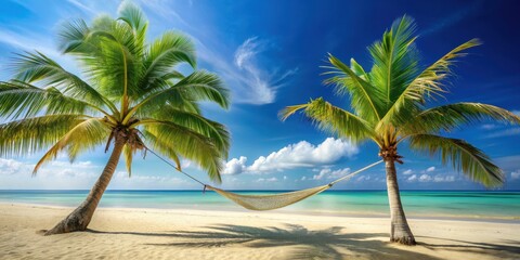 Tropical beach scene with a unique palm tree and hammock , palm tree, hammock, tropical, beach, relaxation, serene, vacation