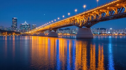 Obraz premium Nighttime Cityscape with Illuminated Bridge and River Reflections
