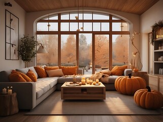 Autumn cozy home interior with warm lighting, soft blankets, and seasonal decorations for a relaxing atmosphere
