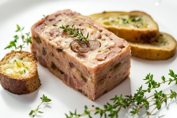 A classic French terrine, featuring layers of meat, pate, and vegetables, served with toasted bread and garnished with fresh thyme. A perfect appetizer for a sophisticated dinner party or special occa