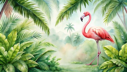 Fototapeta premium Watercolor tropical drawing featuring a flamingo in a lush green setting with palm trees