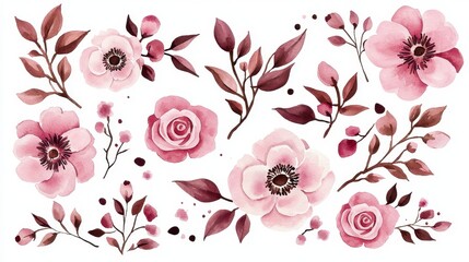 Watercolor Pink Flowers and Brown Leaves Floral Clipart