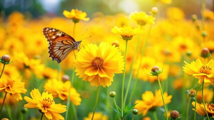 Obraz premium Field of yellow Coreopsis lanceolata flowers blooming with butterfly in summer garden