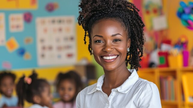Happy African American female teacher smiling in classroom