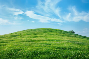 Obraz premium Smooth meadow on the hill with blue sky, beautiful landscape