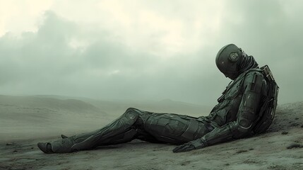 Cybernetic Figure Resting in Barren Windswept Landscape Under Overcast Skies